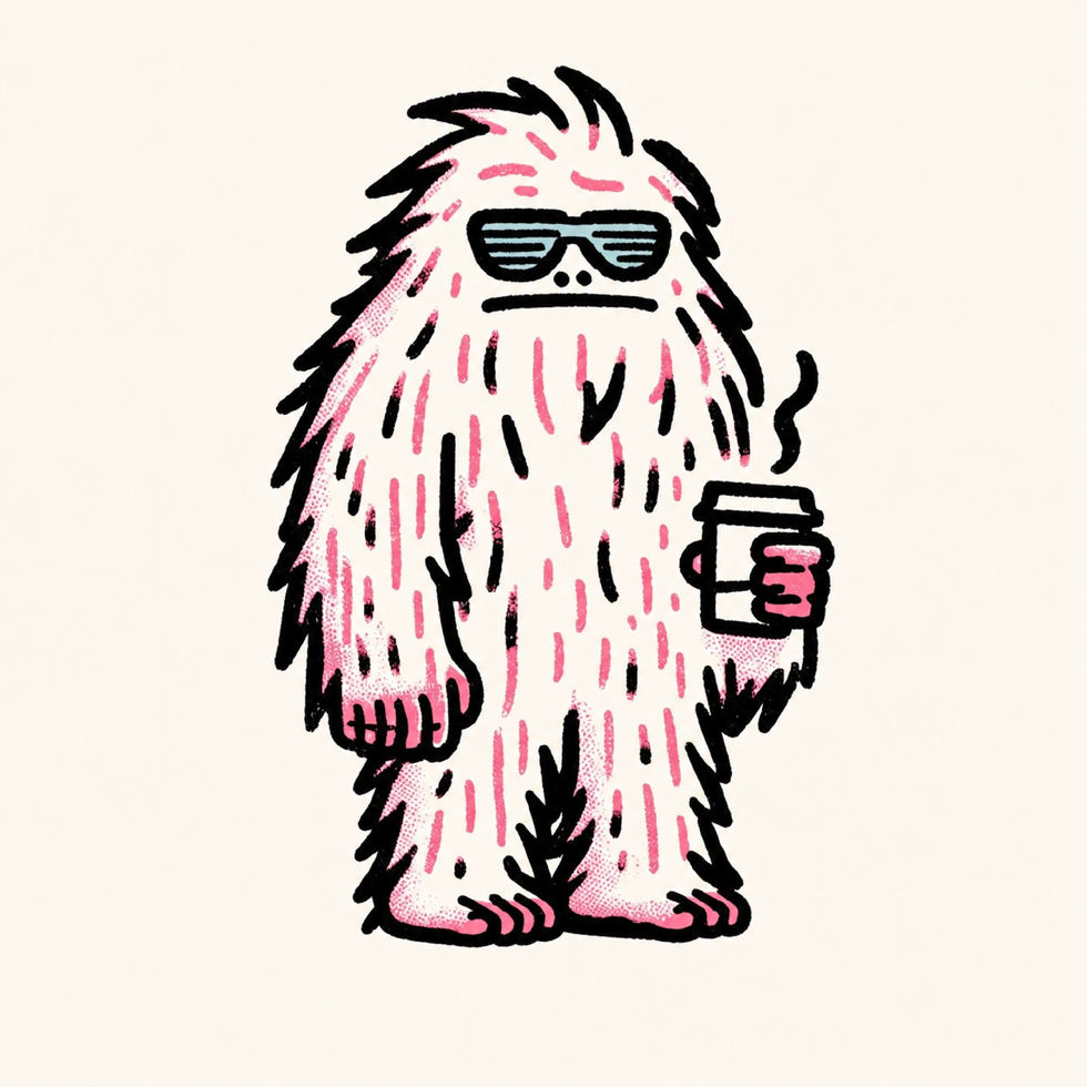 Hand-drawn Monday Yeti character holding coffee